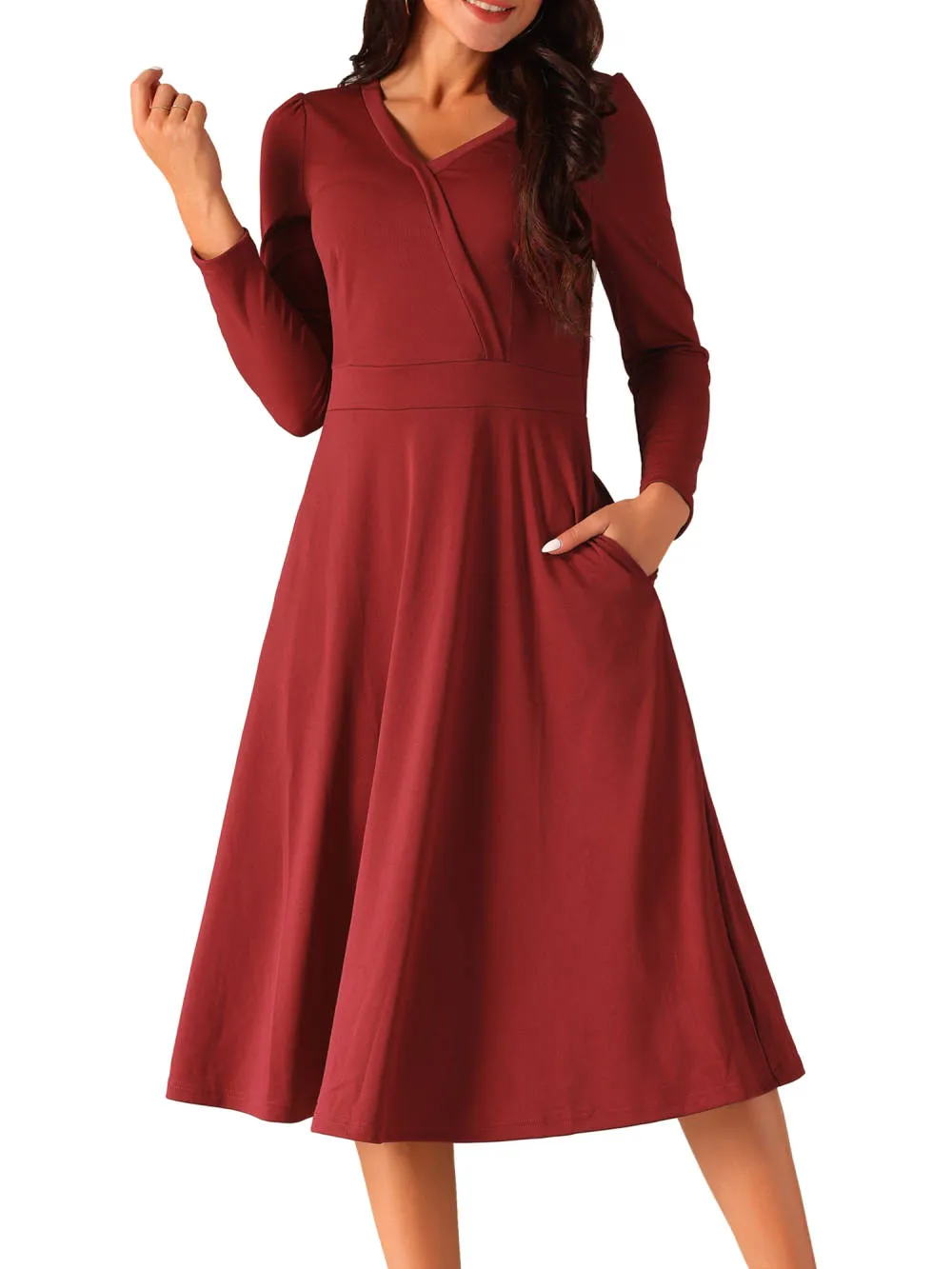 Allegra K - Faux Wrap V Neck Midi Swing Dress