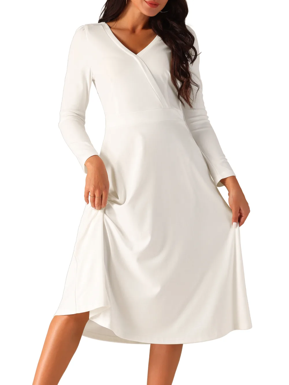 Allegra K - Faux Wrap V Neck Midi Swing Dress