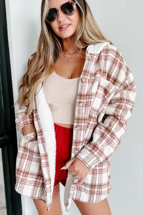 Around The Fire Sherpa Lined Hooded Plaid Jacket (Cream/Red)