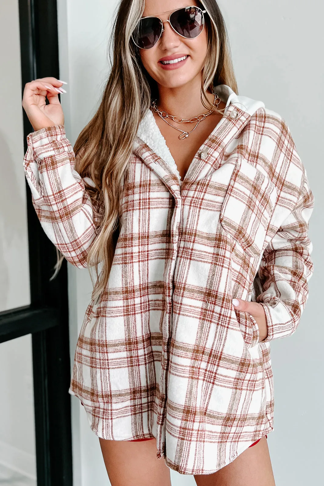 Around The Fire Sherpa Lined Hooded Plaid Jacket (Cream/Red)