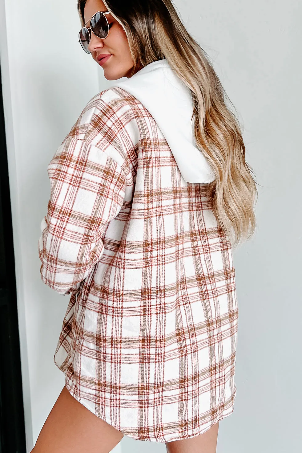 Around The Fire Sherpa Lined Hooded Plaid Jacket (Cream/Red)