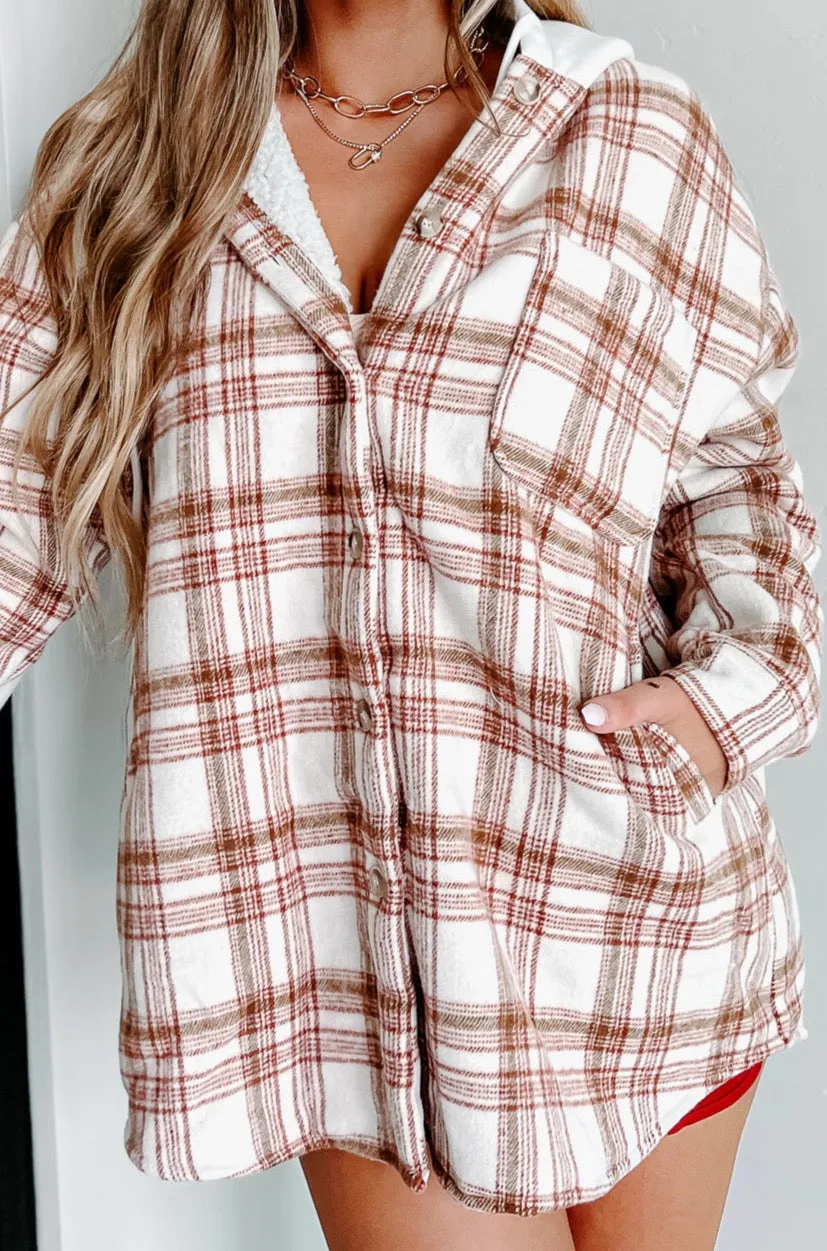 Around The Fire Sherpa Lined Hooded Plaid Jacket (Cream/Red)