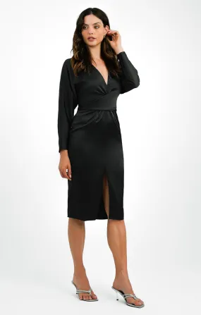 ASOS DESIGN Satin Midi Dress With Batwing Sleeve And Wrap Waist In Black