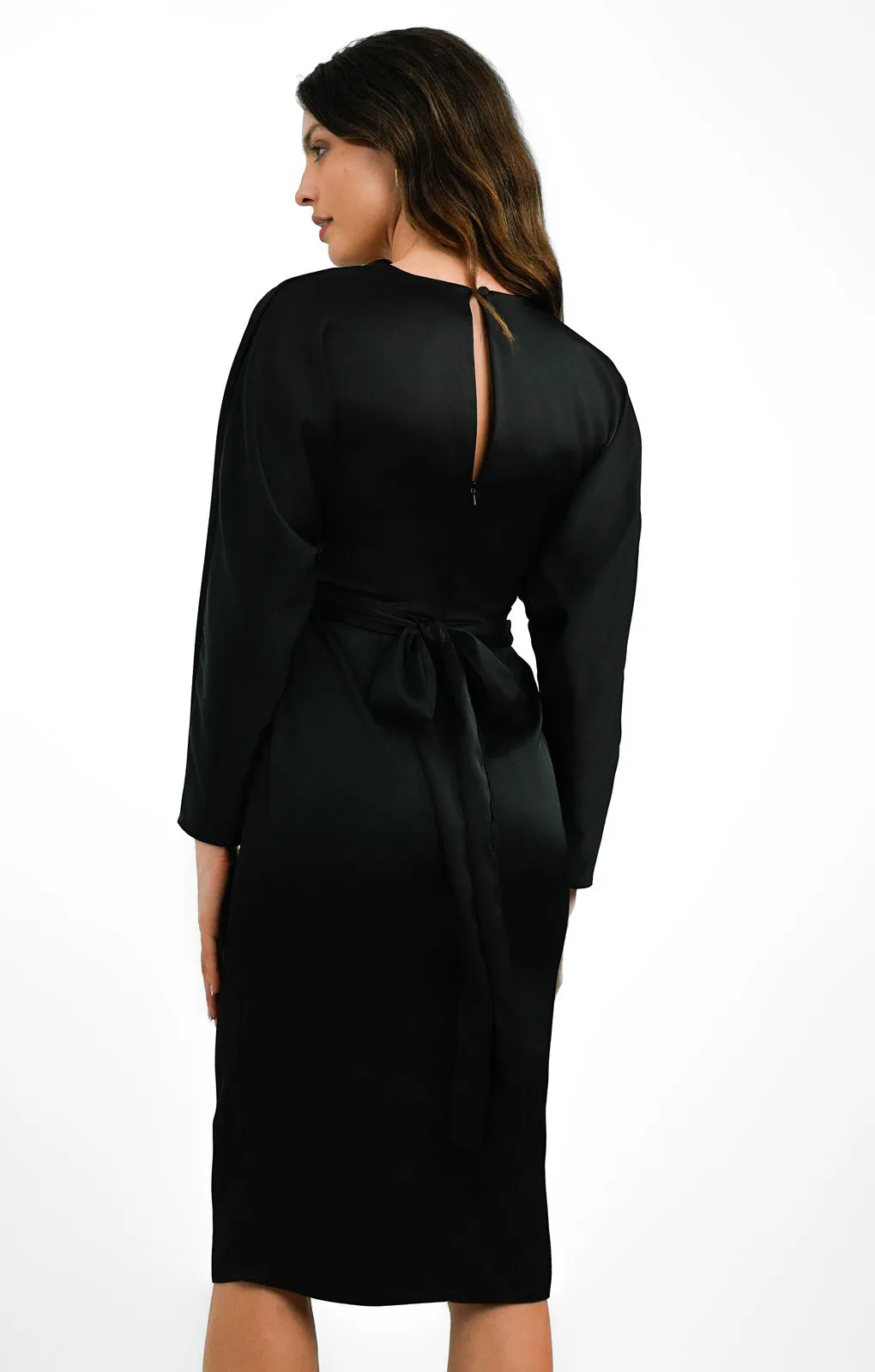 ASOS DESIGN Satin Midi Dress With Batwing Sleeve And Wrap Waist In Black