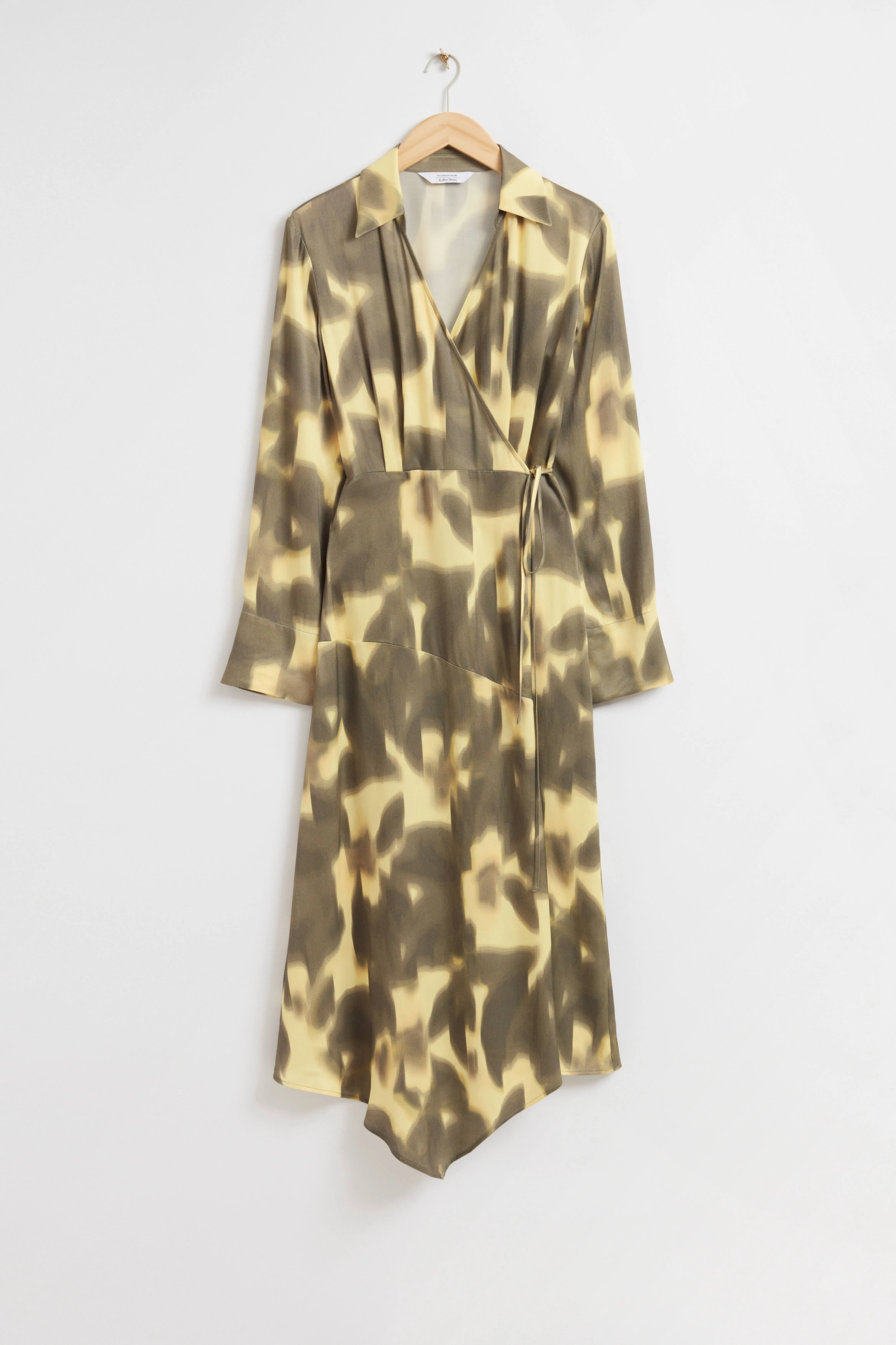 Asymmetric Midi Wrap Dress - V-neck - Long sleeve - Brown and Yellow - Ladies | H&M GB