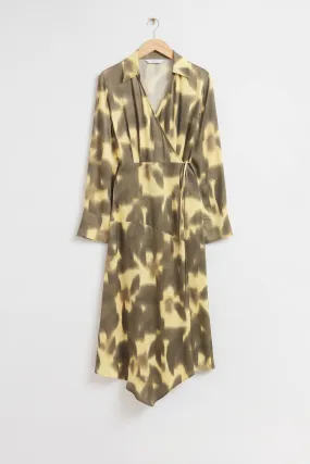 Asymmetric Midi Wrap Dress - V-neck - Long sleeve - Brown and Yellow - Ladies | H&M GB