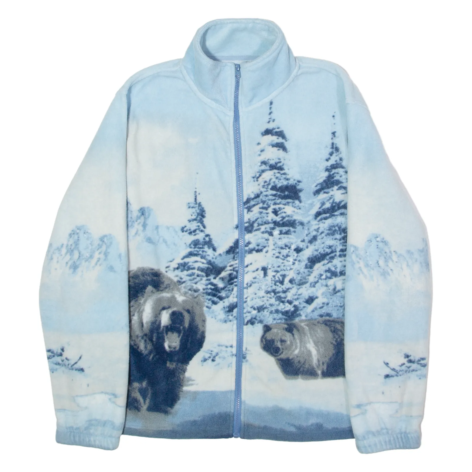 ATLAS FOR MEN Winter Bear Scene Mens Fleece Jacket Blue Crazy Pattern L