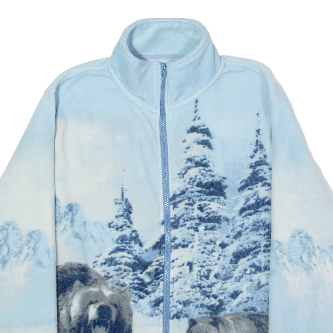 ATLAS FOR MEN Winter Bear Scene Mens Fleece Jacket Blue Crazy Pattern L