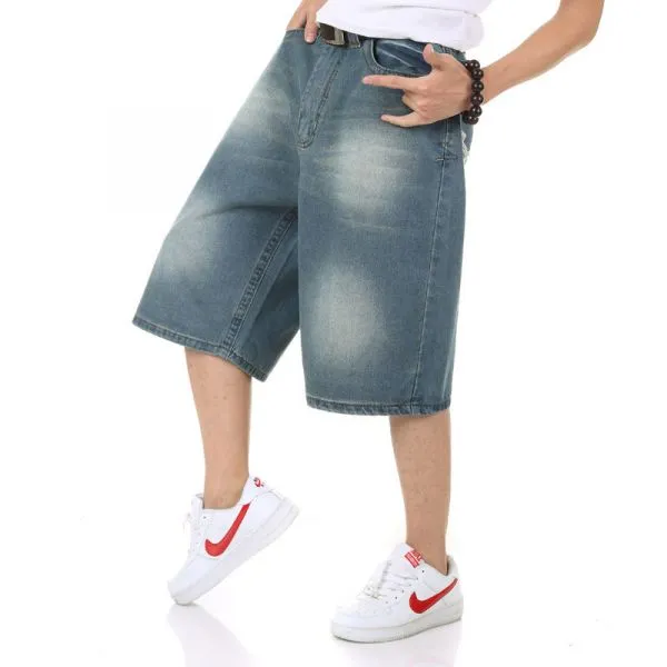 Baggy Jeans Shorts for Men with Embroidery on Back Pocket