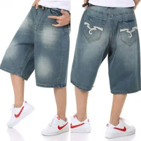 Baggy Jeans Shorts for Men with Embroidery on Back Pocket