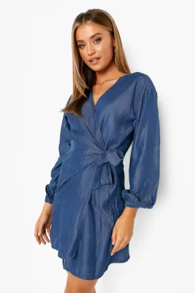 Balloon Sleeve Wrap Denim Dress