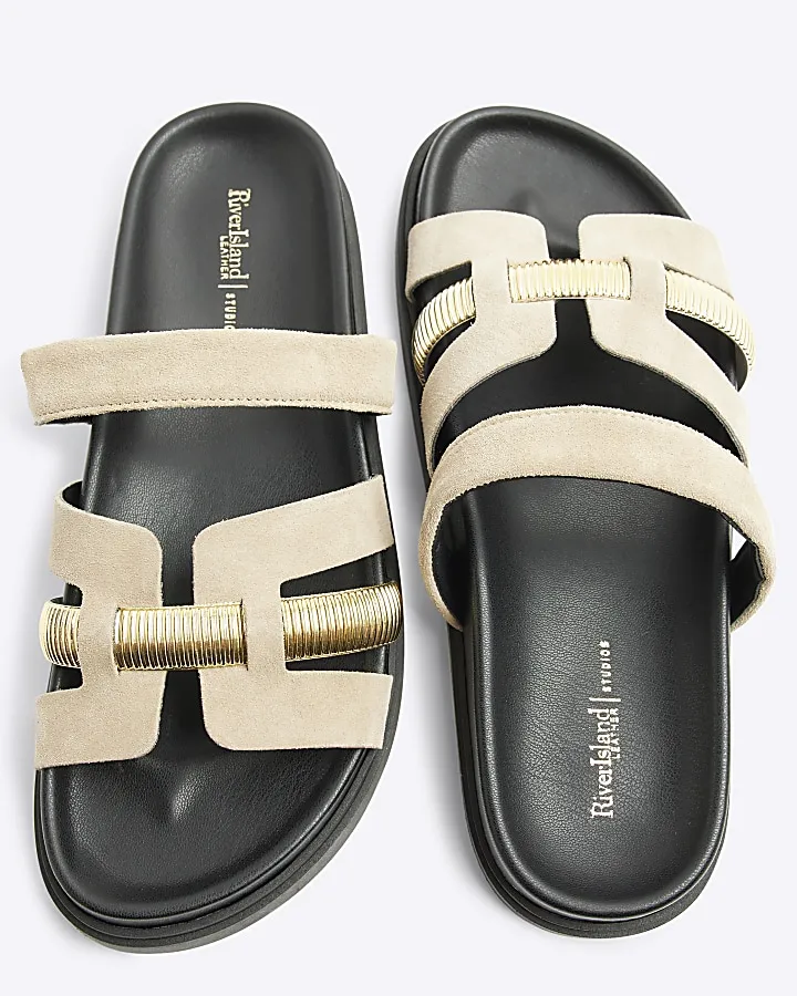 Beige cut out hardware strap leather sandals