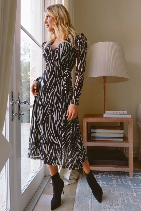 Black & White Zebra Print Ruched Sleeve Mesh Wrap Jersey Dress