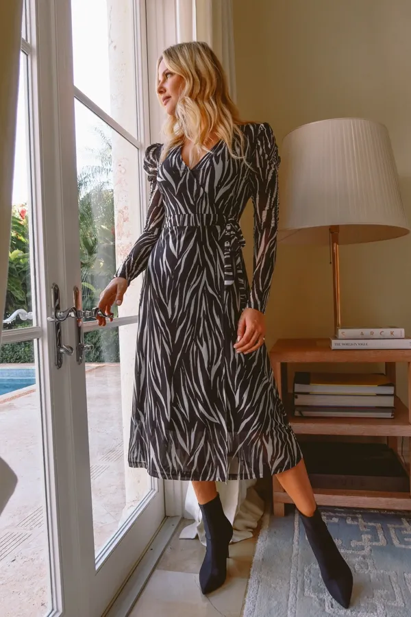 Black & White Zebra Print Ruched Sleeve Mesh Wrap Jersey Dress