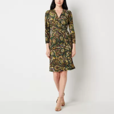 Black Label by Evan-Picone Womens 3/4 Sleeve Paisley Wrap Dress