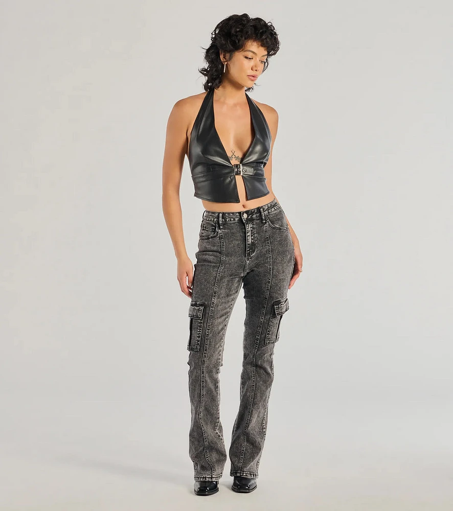 Bold High-Rise Acid Wash Cargo Jeans