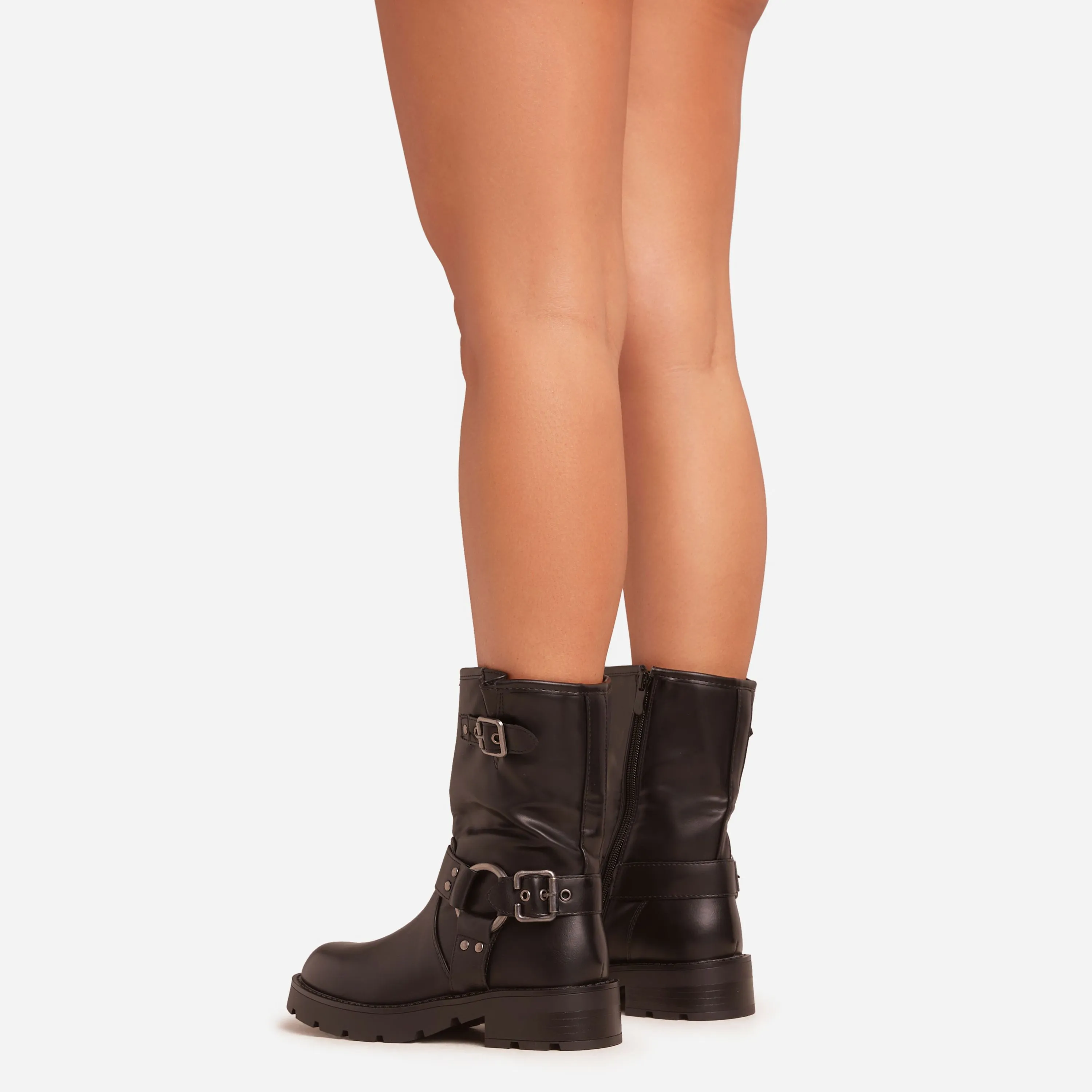 Brooks Buckle Ring Detail Ankle Biker Boot In Black Faux Leather