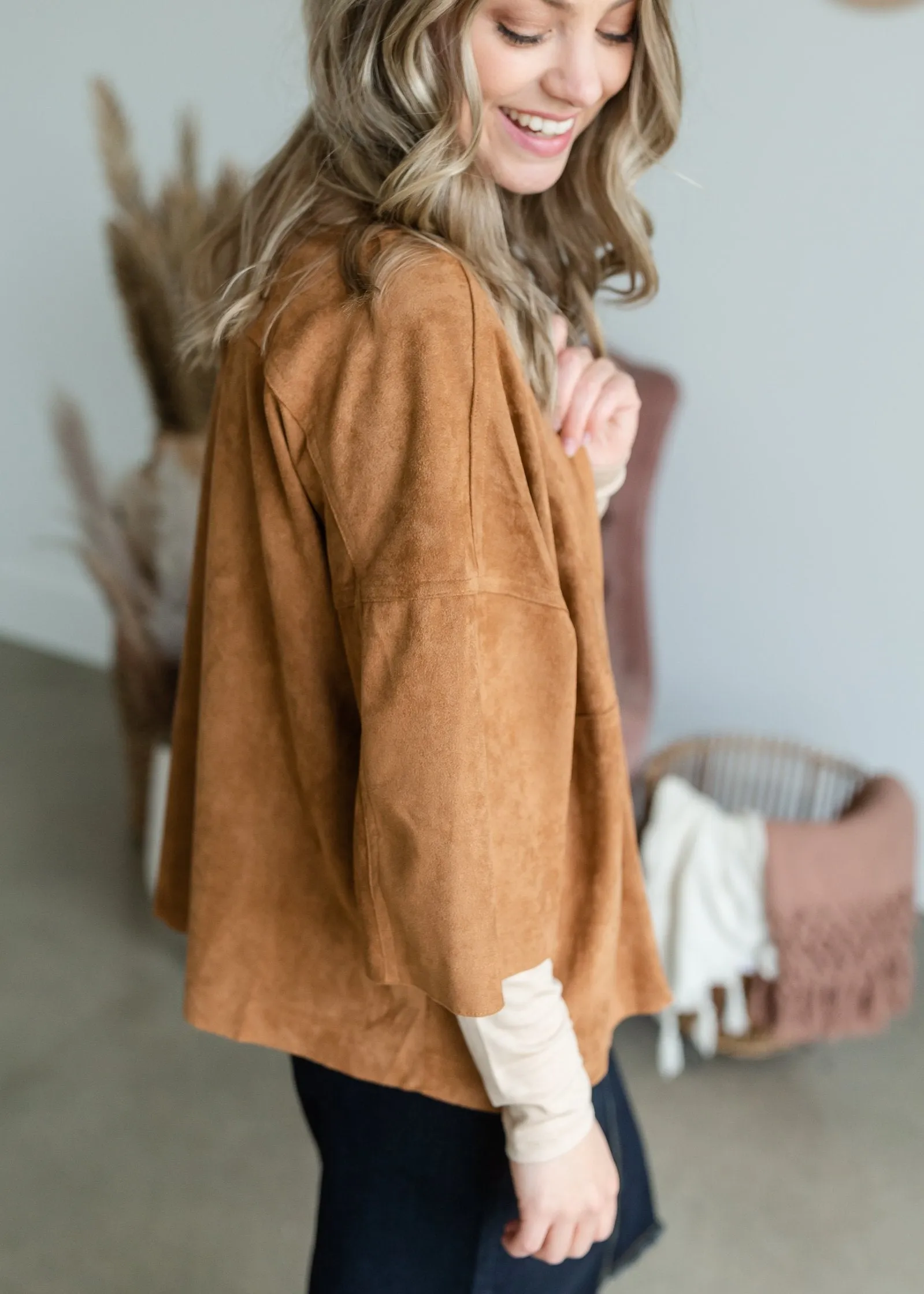 Camel Raw Edge Suede Open Front 3/4 Sleeve Jacket - FINAL SALE