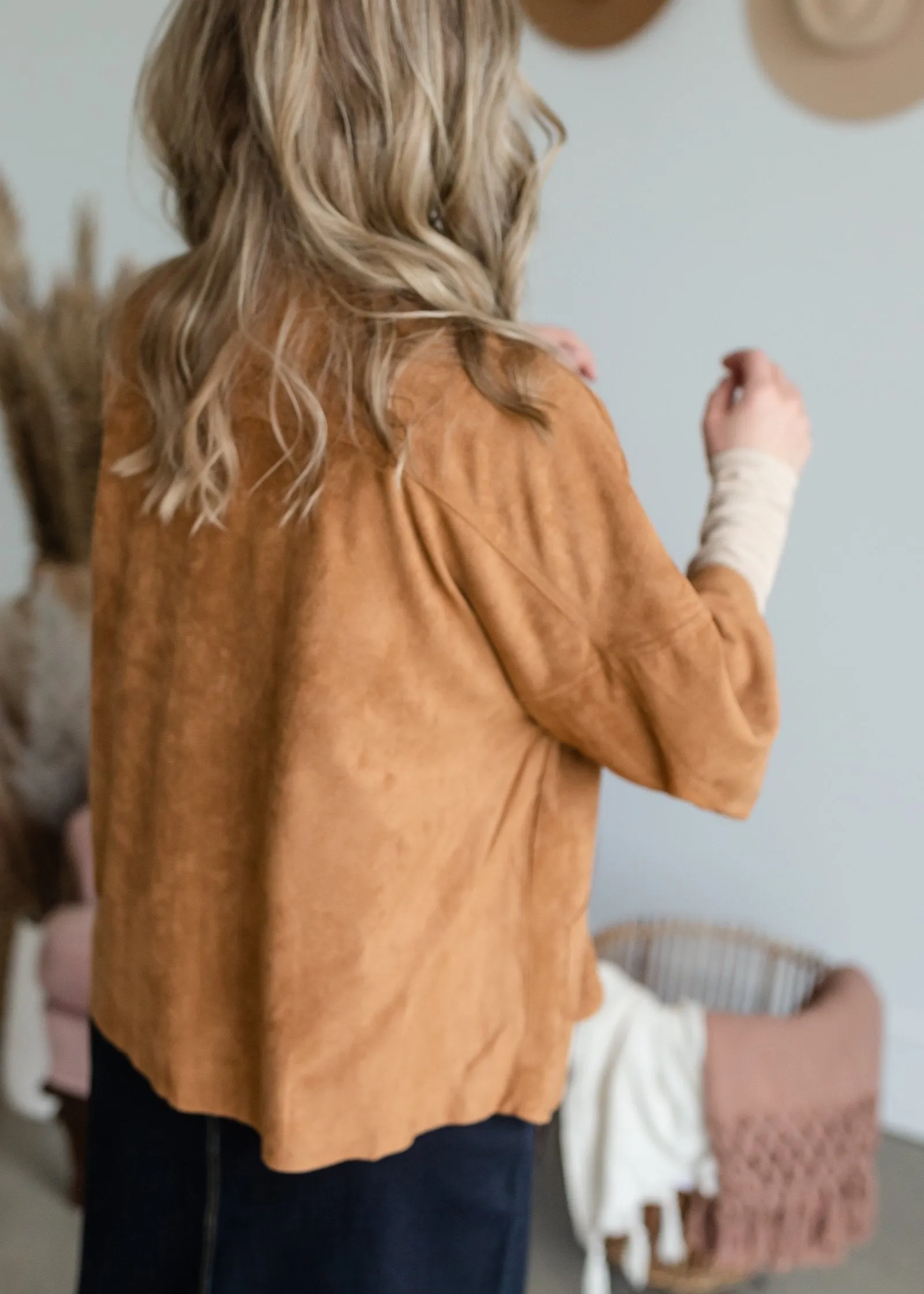 Camel Raw Edge Suede Open Front 3/4 Sleeve Jacket - FINAL SALE