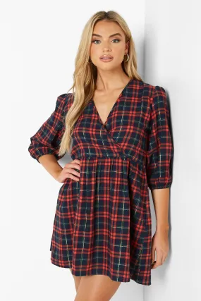 Check Wrap Puff Sleeve Smock Dress