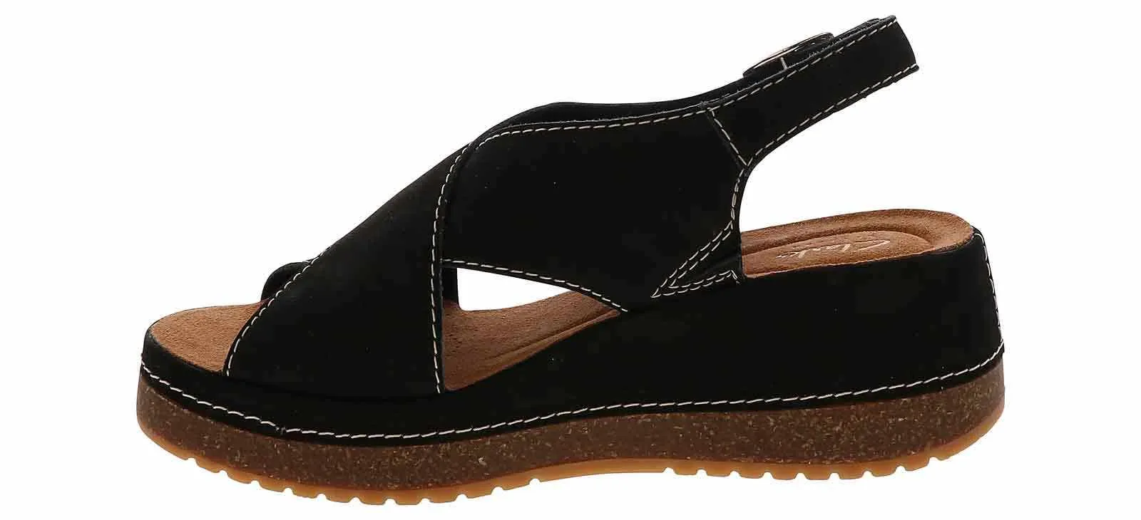 Clarks Kassanda Step Black Cross Women's Wedge Sandal