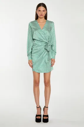 CLEARANCE! Pied-de-Poule Wrap Mini Dress- Emerald/White Satin Houndstooth