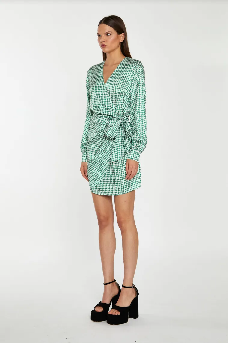 CLEARANCE! Pied-de-Poule Wrap Mini Dress- Emerald/White Satin Houndstooth