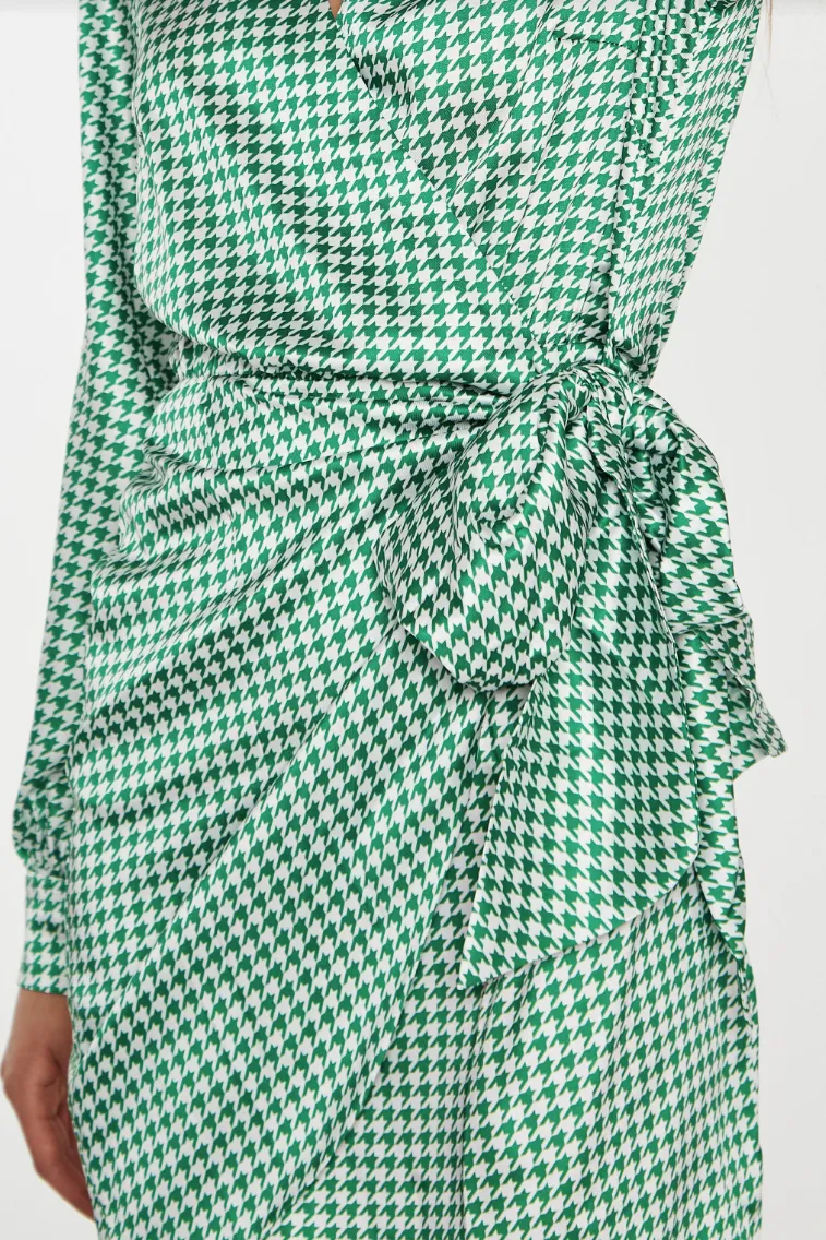 CLEARANCE! Pied-de-Poule Wrap Mini Dress- Emerald/White Satin Houndstooth