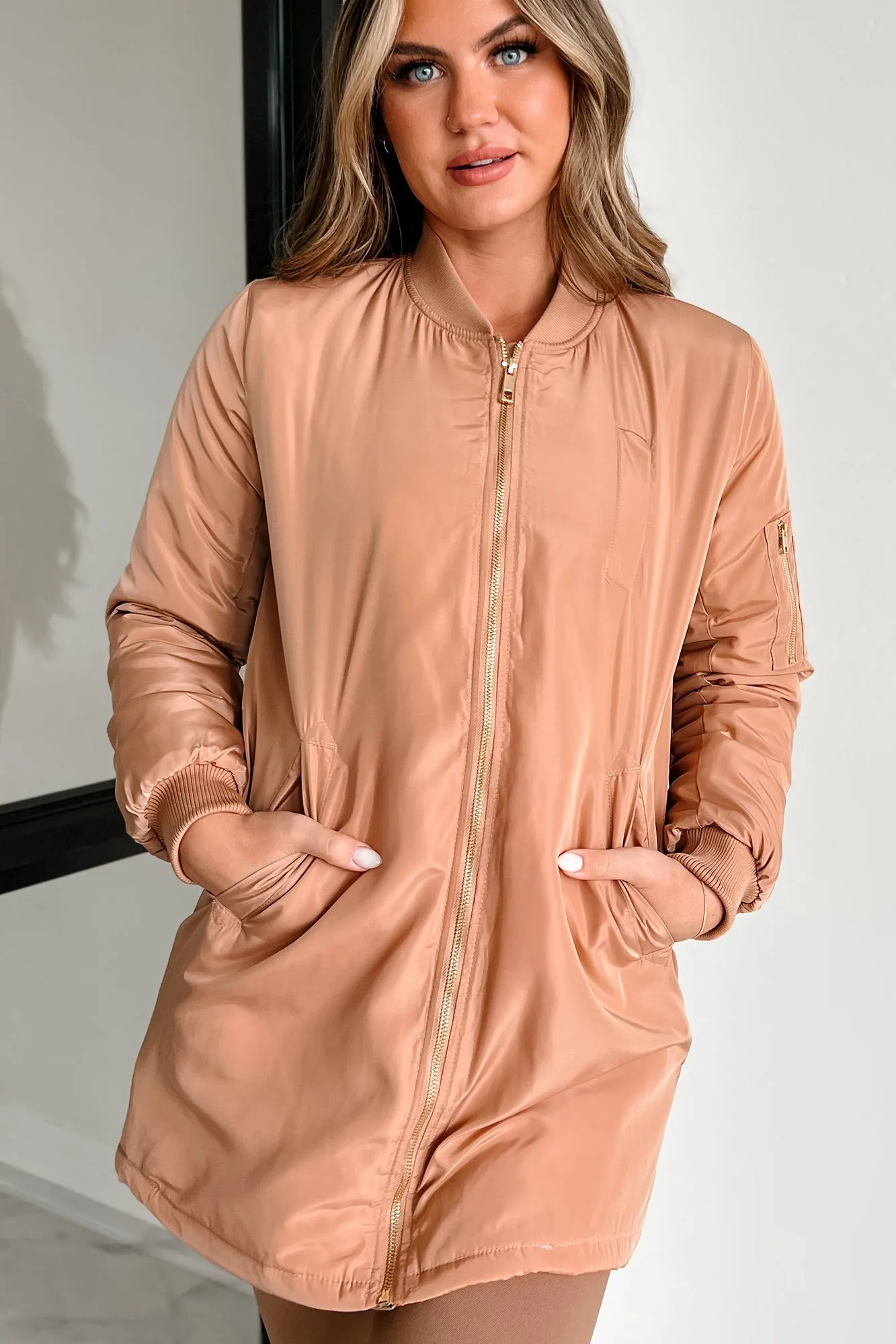 Coming In With Confidence Longline Bomber Jacket (Khaki)