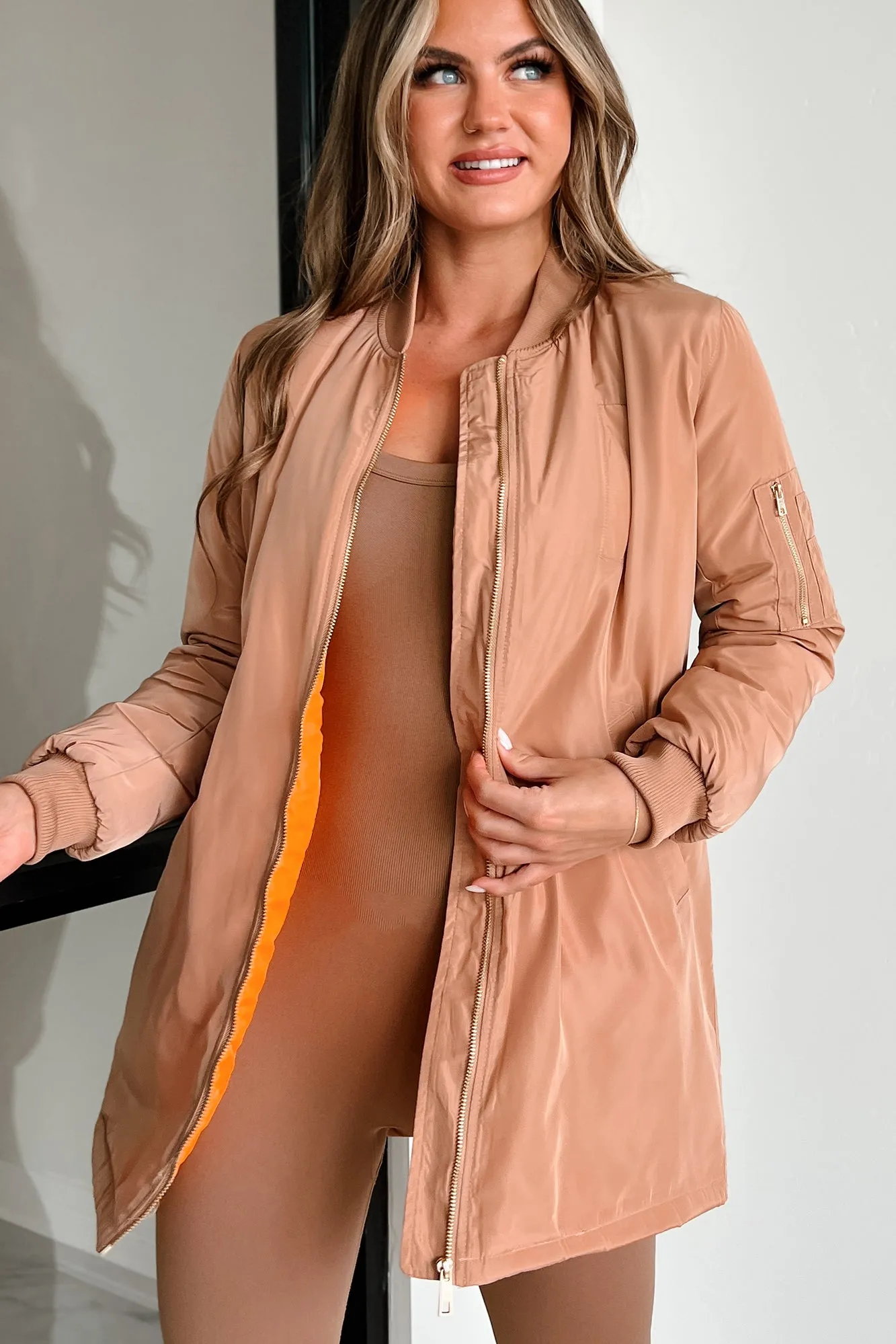 Coming In With Confidence Longline Bomber Jacket (Khaki)