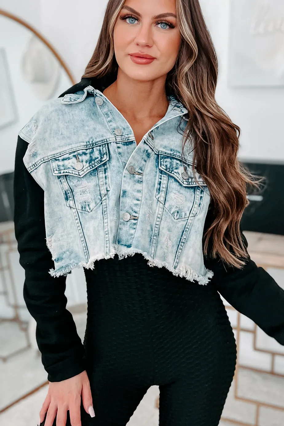 Cruising The Streets Contrast Knit Crop Denim Jacket (Light Wash)