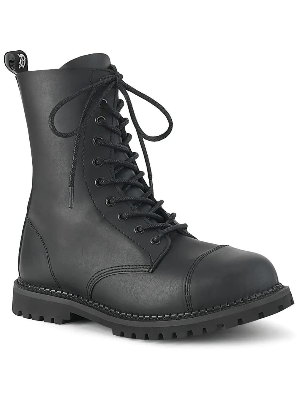 DEMONIA Vegan Leather 10-Eyelet Steel Toe Ankle Boot