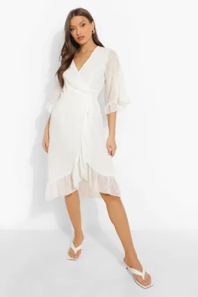 Dobby Chiffon Wide Sleeve Midi Wrap Dress