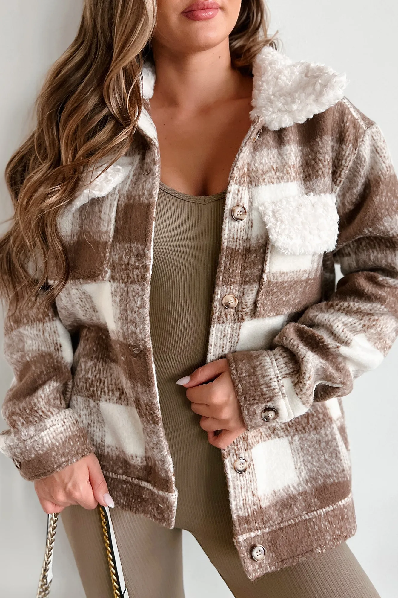 DOORBUSTER Start A Fire Plaid Jacket With Teddy Collar (Ivory/Mocha)