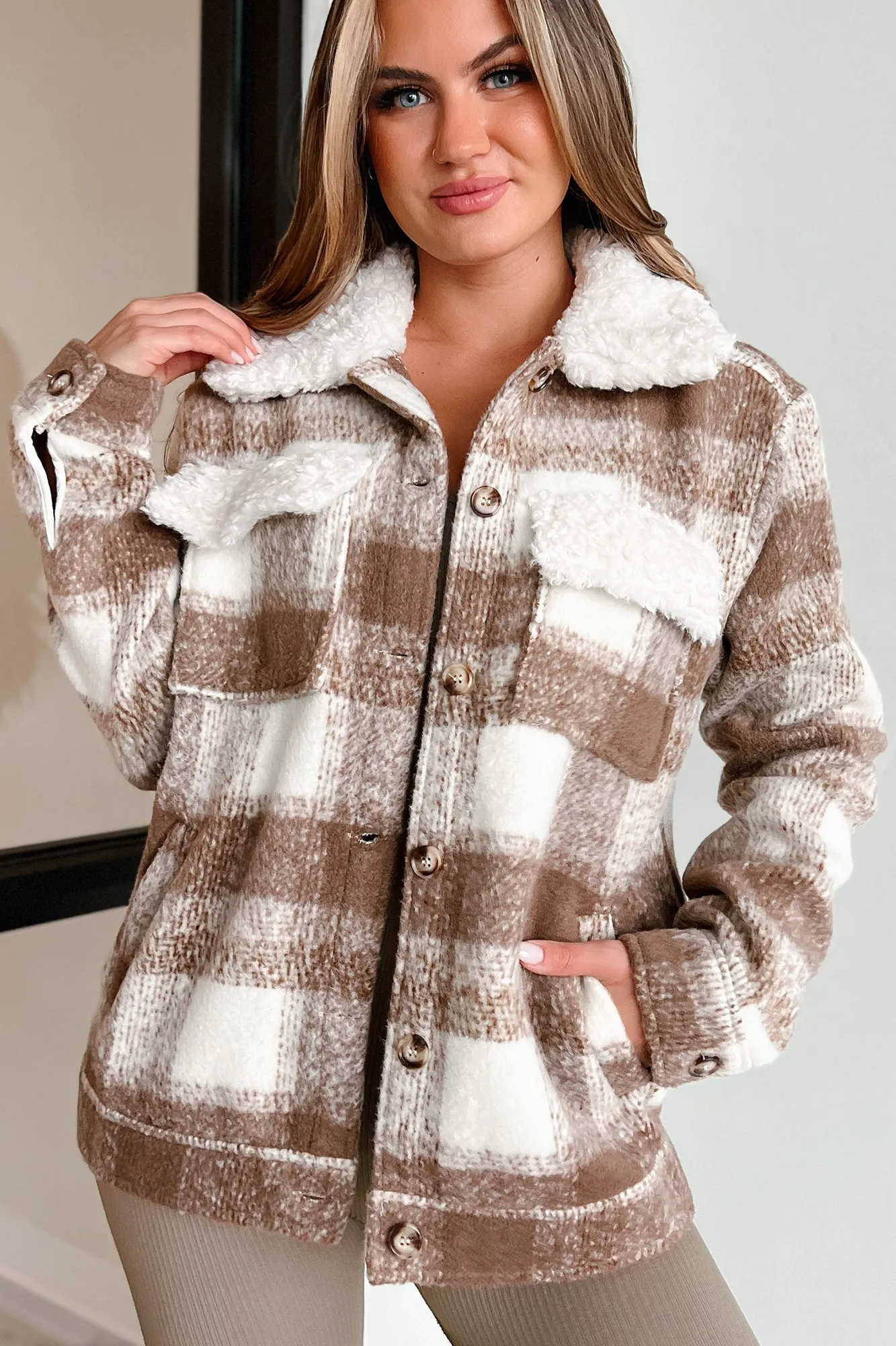 DOORBUSTER Start A Fire Plaid Jacket With Teddy Collar (Ivory/Mocha)