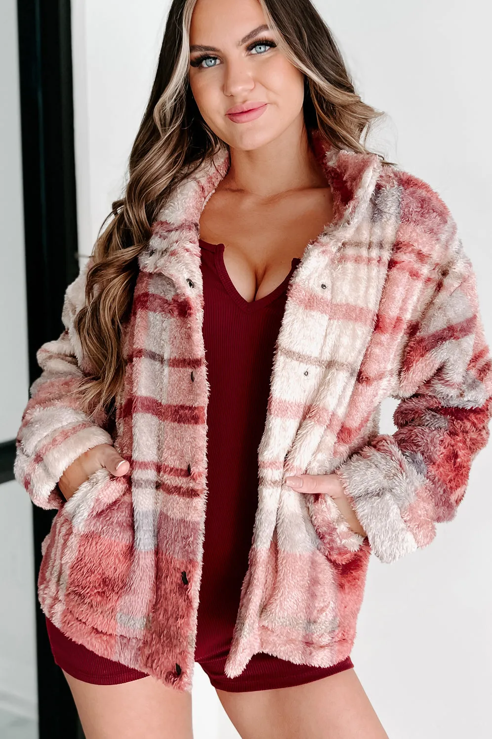 Doorbuster- Comforting Words Fuzzy Plaid Jacket (Rose Mix)