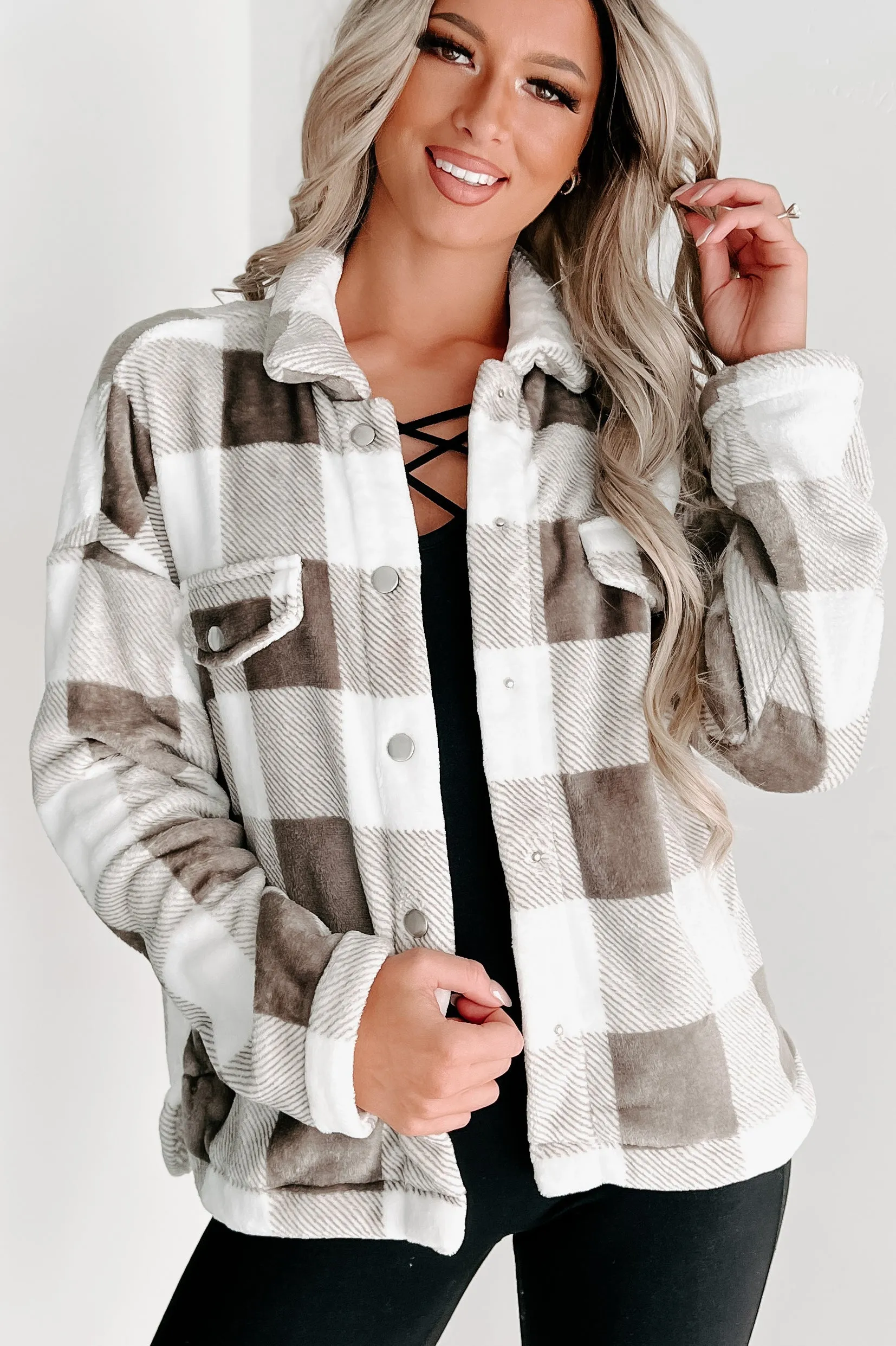 Doorbuster- Too Much To Ask Fuzzy Plaid Jacket (Gray)