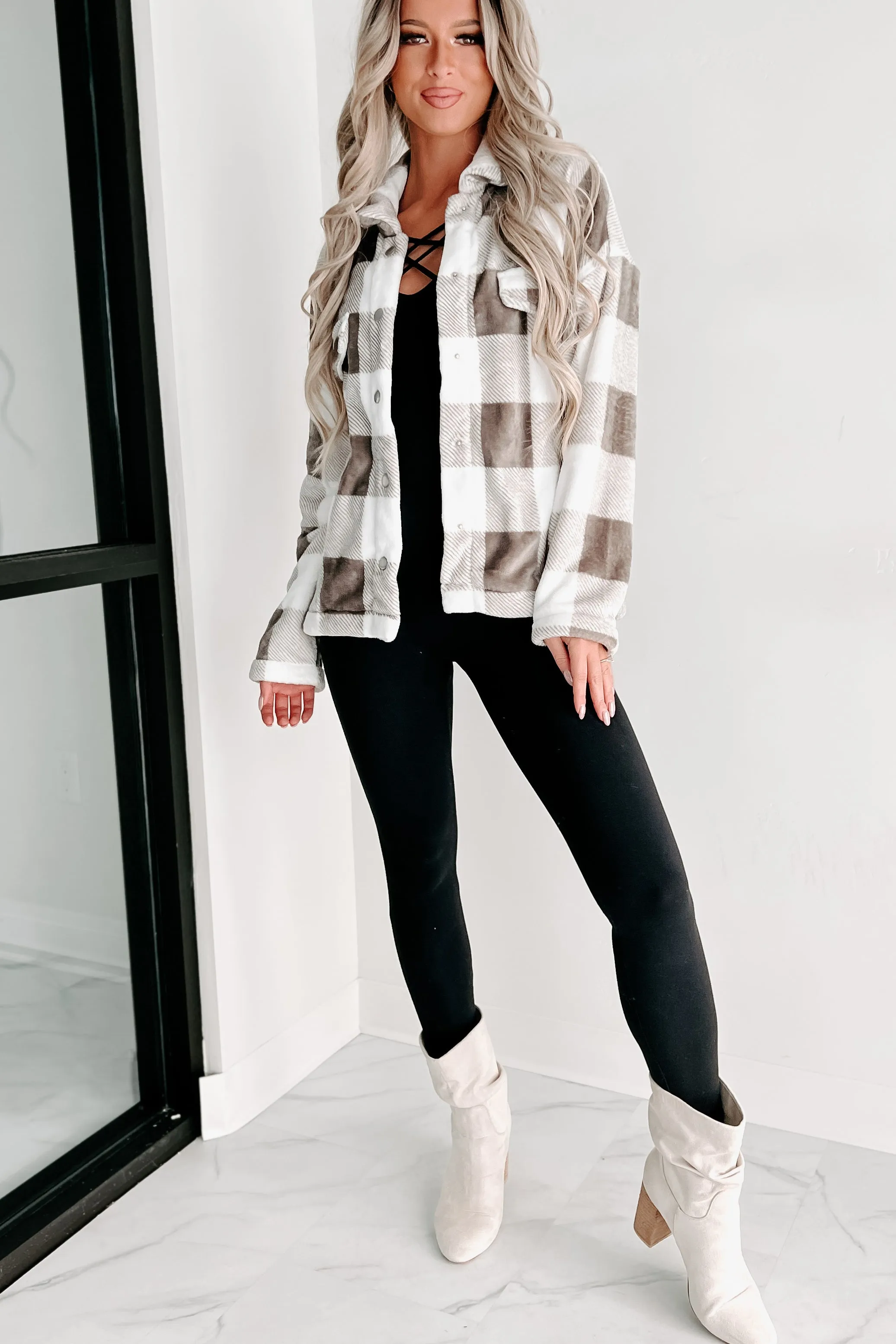 Doorbuster- Too Much To Ask Fuzzy Plaid Jacket (Gray)