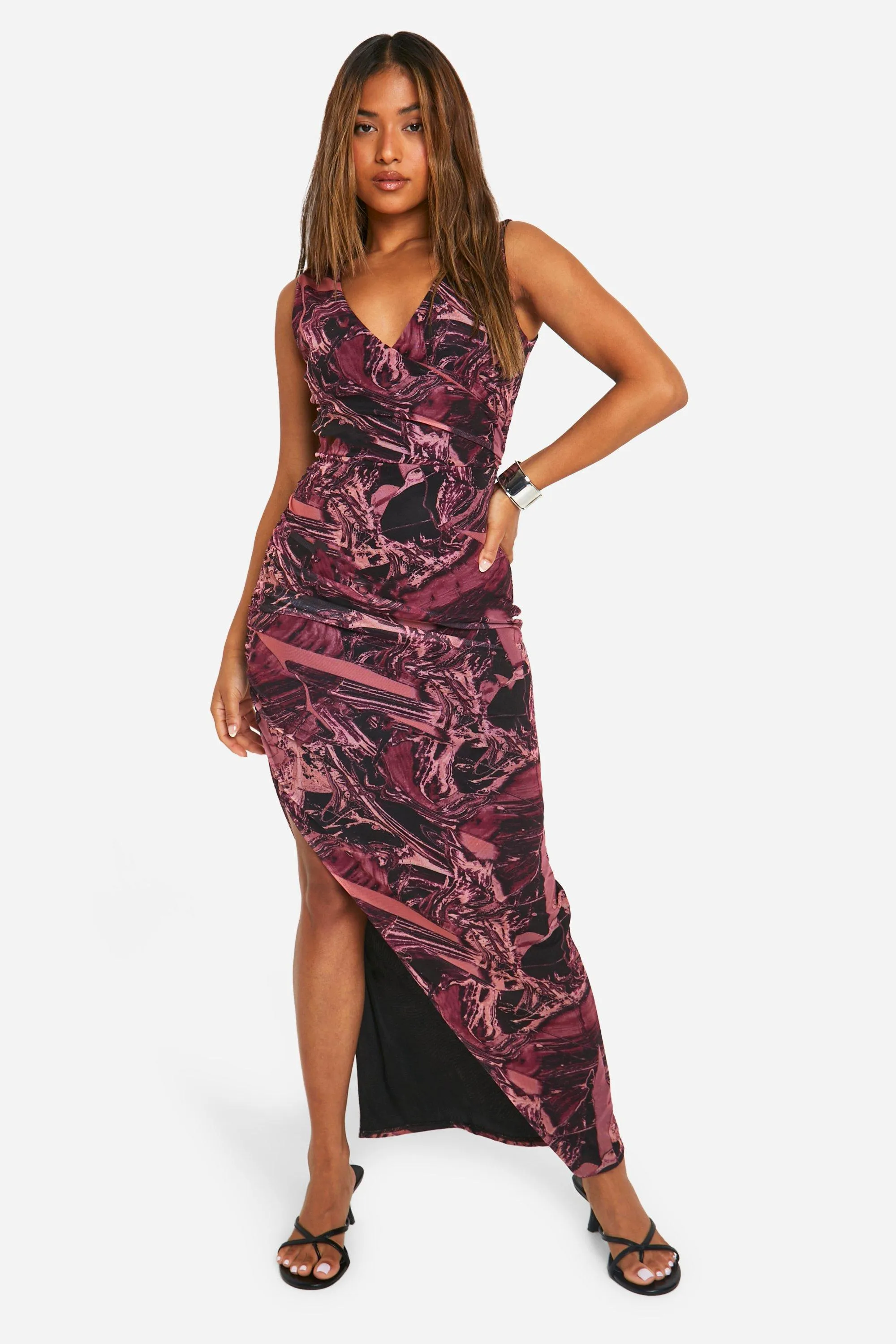 Dresses | Petite Abstract Mesh Wrap Front Maxi Dress | boohoo