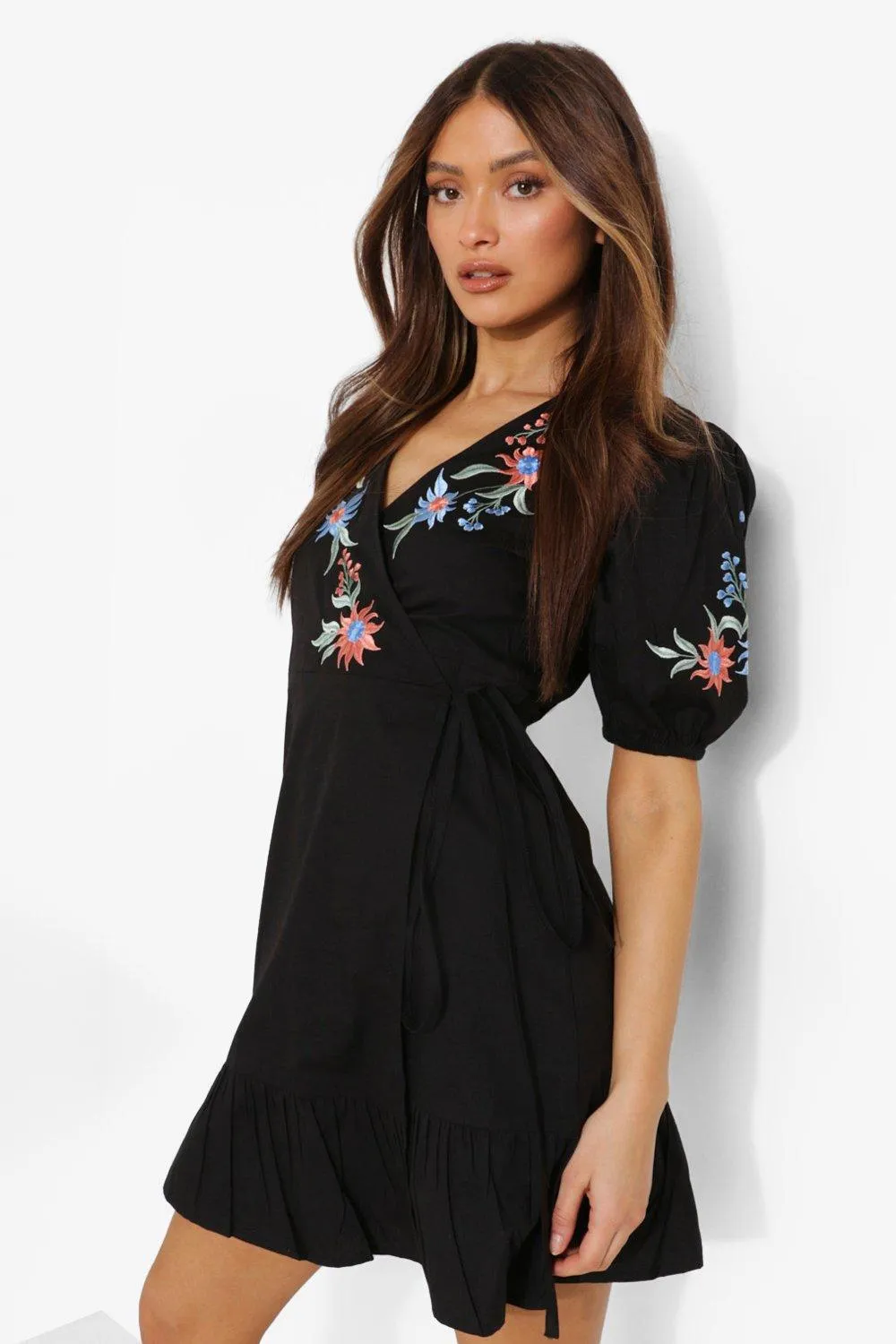 Embroidered Wrap Puff Sleeve Smock Dress