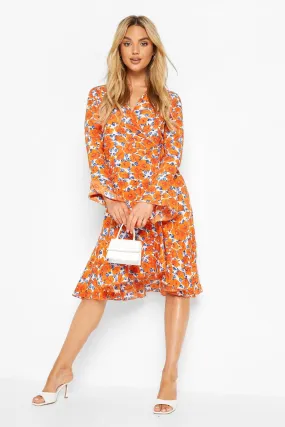 Floral Flare Sleeve Wrap Midi Dress