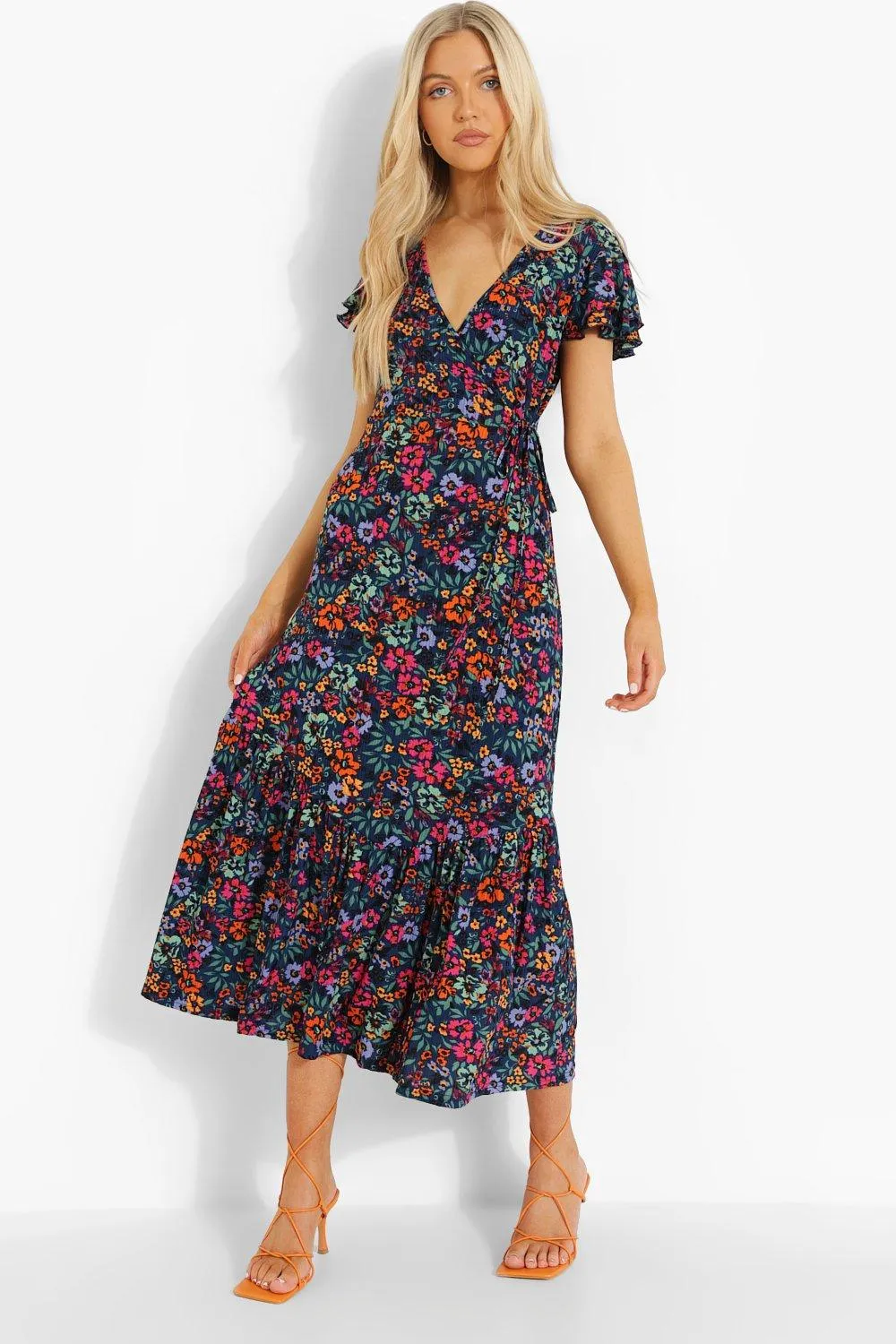 Floral Print Wrap Drop Hem Midi Dress