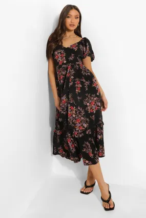 Floral Puff Sleeve Wrap Midi Dress