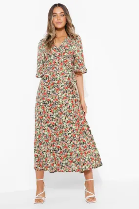 Floral Wrap Front Midi Dress