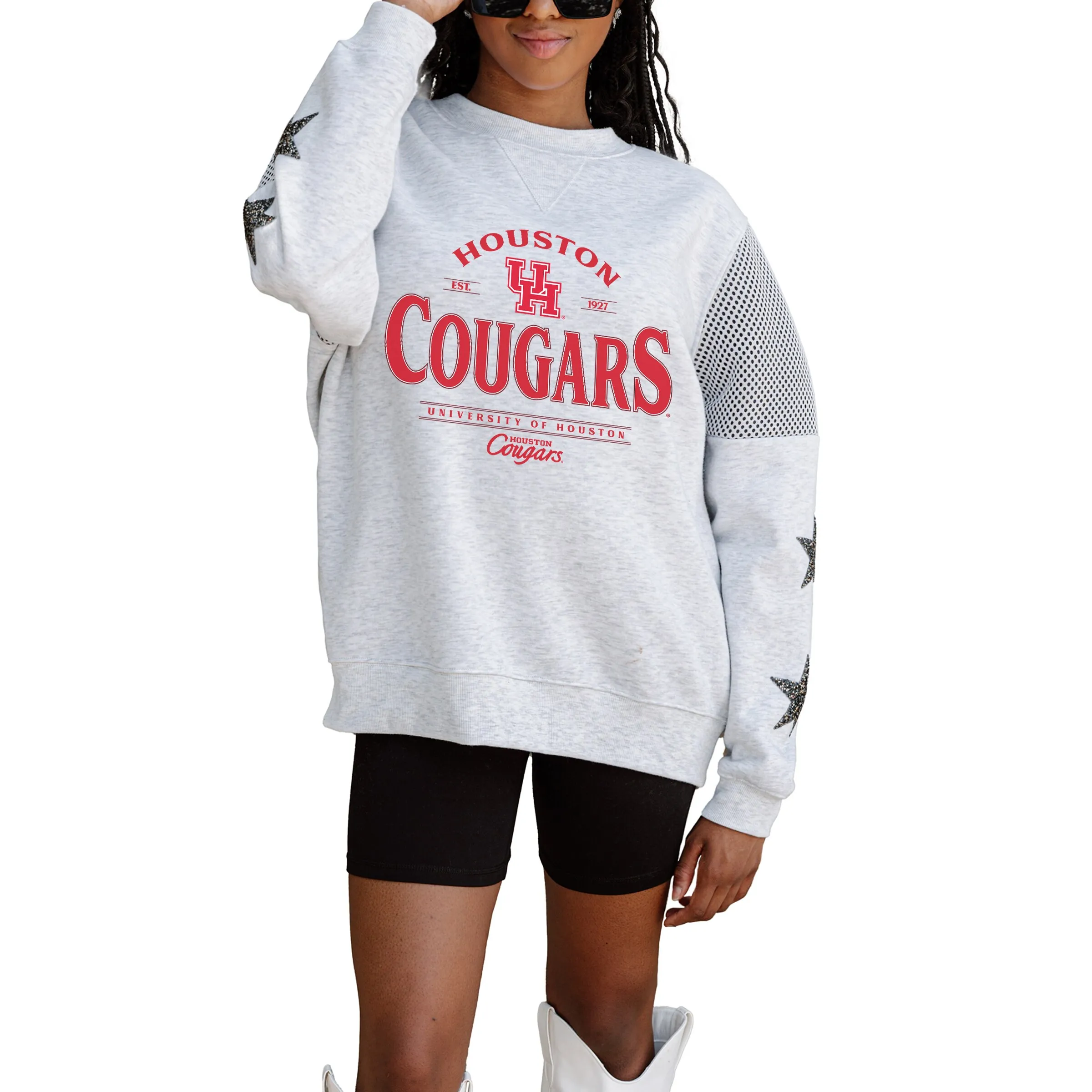 Gameday Couture Houston Cougars Women's Ash Rhinestone Star Mesh Shoulder Fleece Pullover Sweatshirt