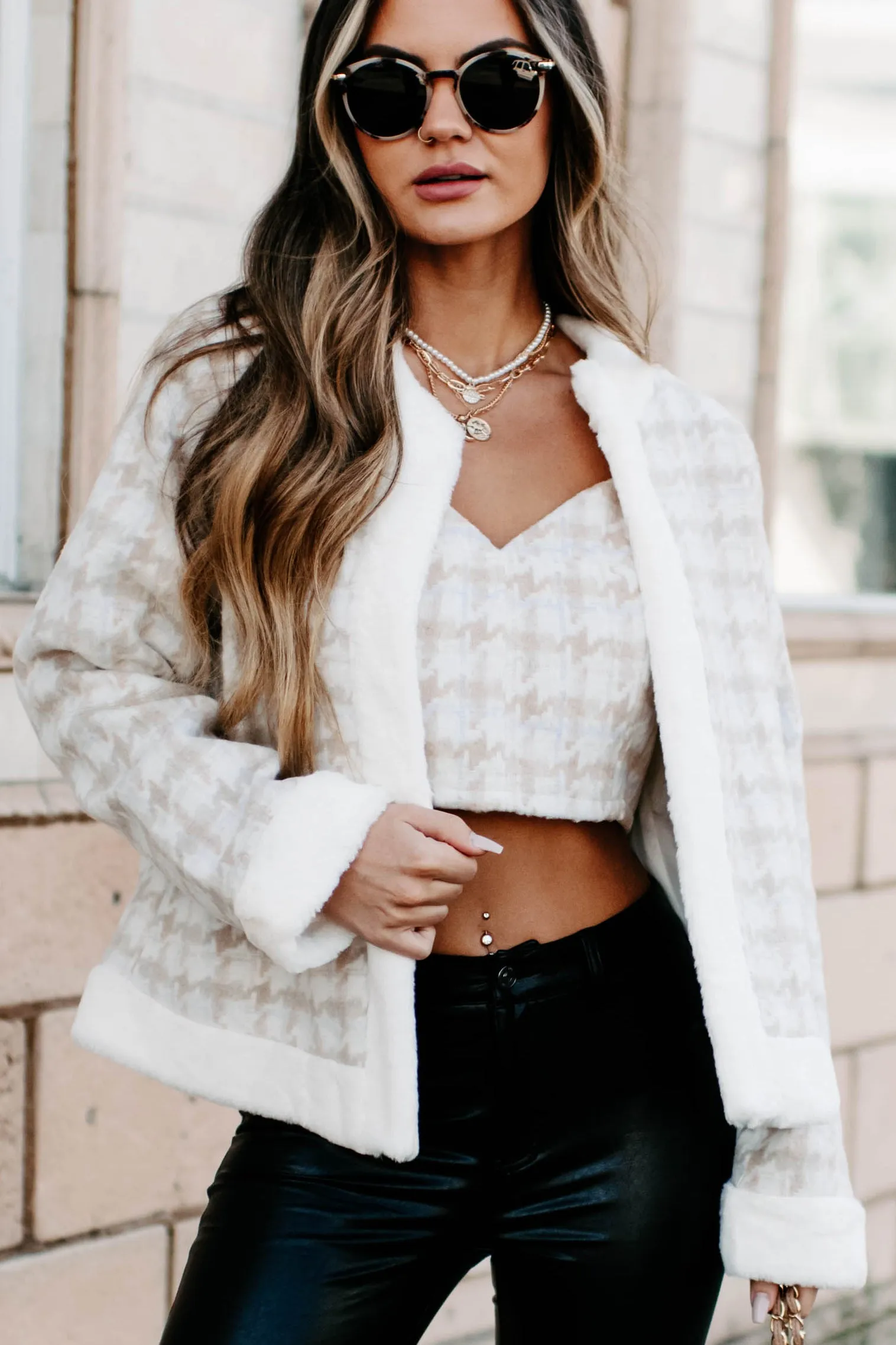 Gifted With Grace Houndstooth Fur Trimmed Jacket (Cream)