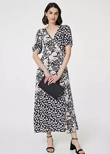 Izabel London Black & White Floral Short Sleeve Midi Wrap Dress | Grattan