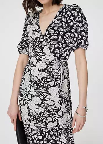 Izabel London Black & White Floral Short Sleeve Midi Wrap Dress | Grattan