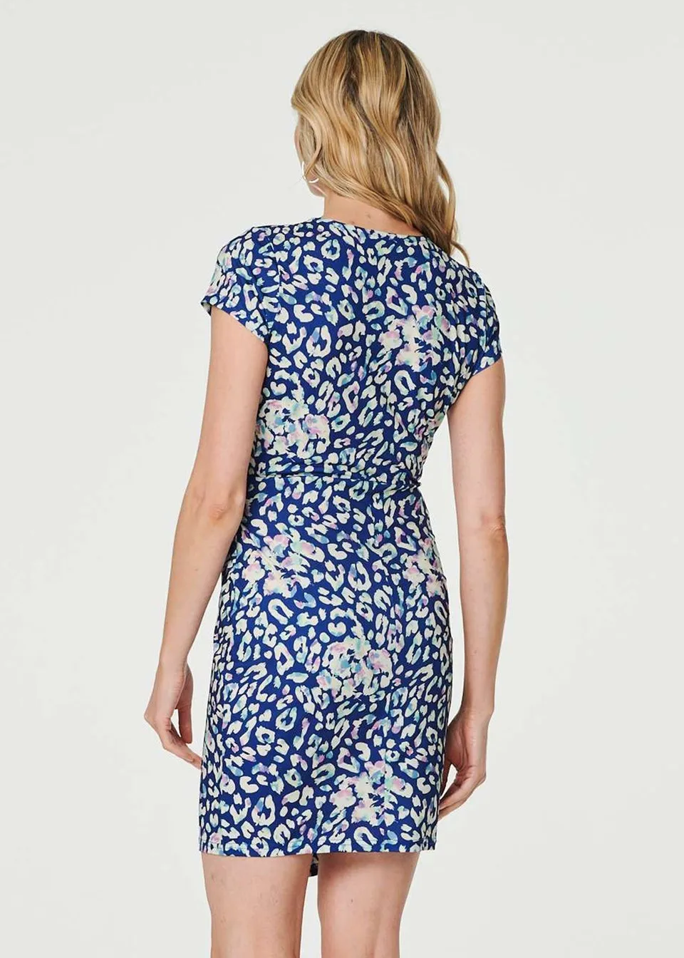 Izabel London Blue Animal Print Ruched Short Wrap Dress