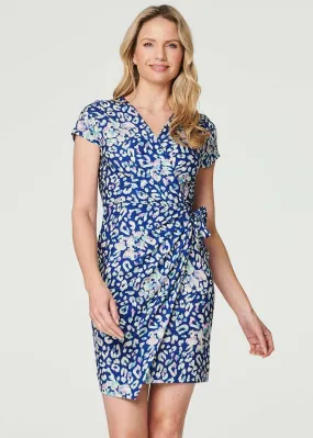 Izabel London Blue Animal Print Ruched Short Wrap Dress